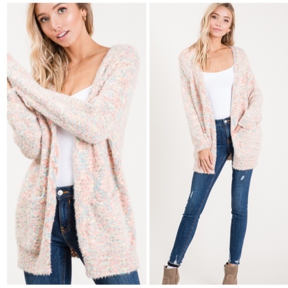Sweaters - (ONE LEFT) FUZZY POPCORN OPEN FRONT CARDIGAN